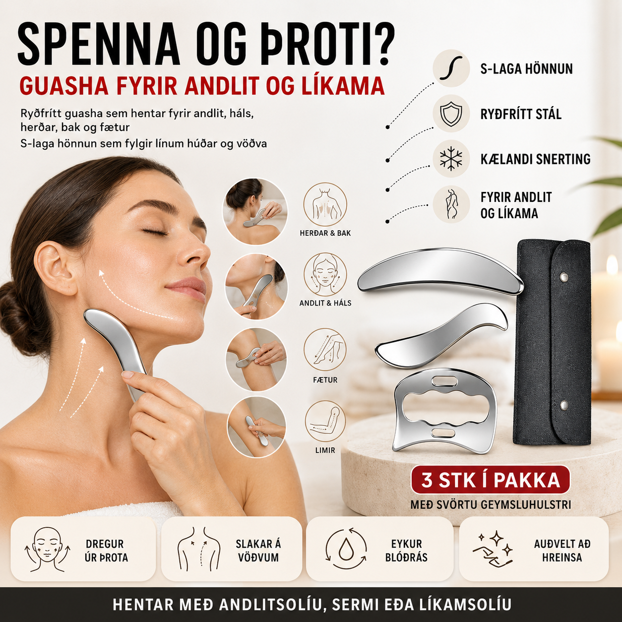Ryðfrítt Gua Sha fyrir Andlit og Líkama