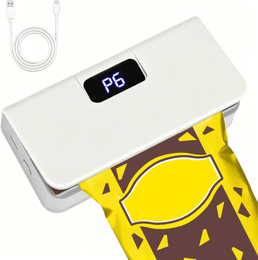 Hvítur mini pokainnsiglari með LED skjá innsiglar snakkpoka, USB-C snúra fylgir